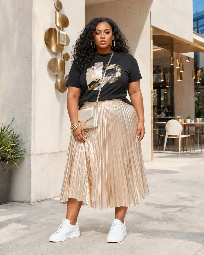 Graphic Tee + Metallic Pleated Midi Skirt