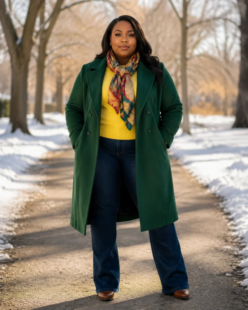 Green Wool Coat, Yellow Sweater and Statement Scarf