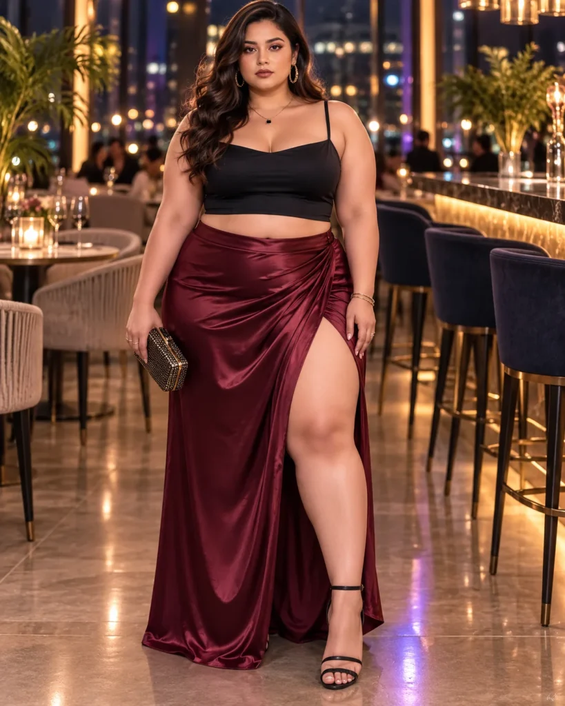 High-Slit Satin Skirt + Crop Top
