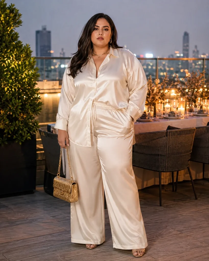 Ivory Satin Co-ord Set + Gold Chain Bag