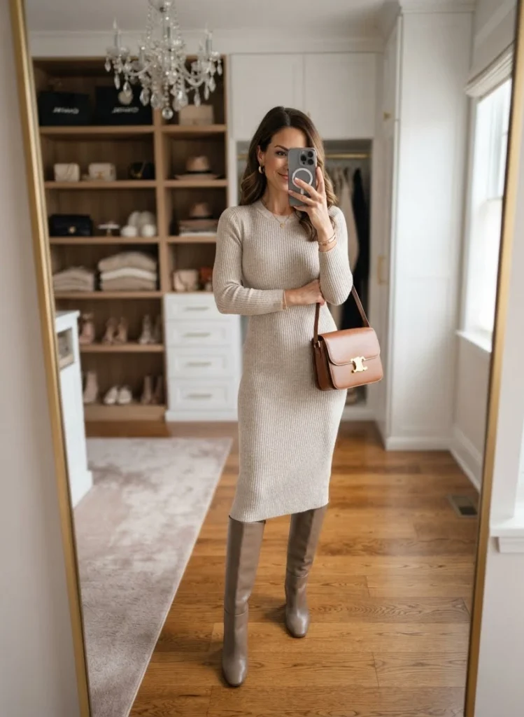 Knit Midi Dress with Knee-High Boots