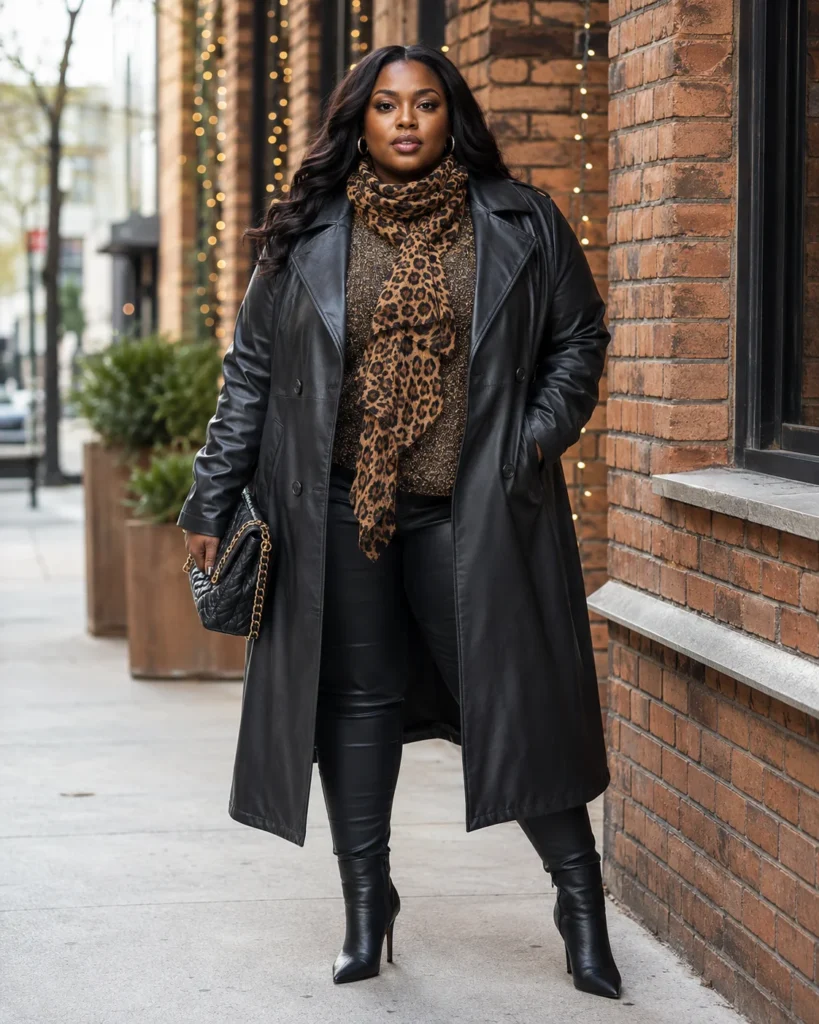 Leather Trench, Knit Sweater and Leopard Scarf