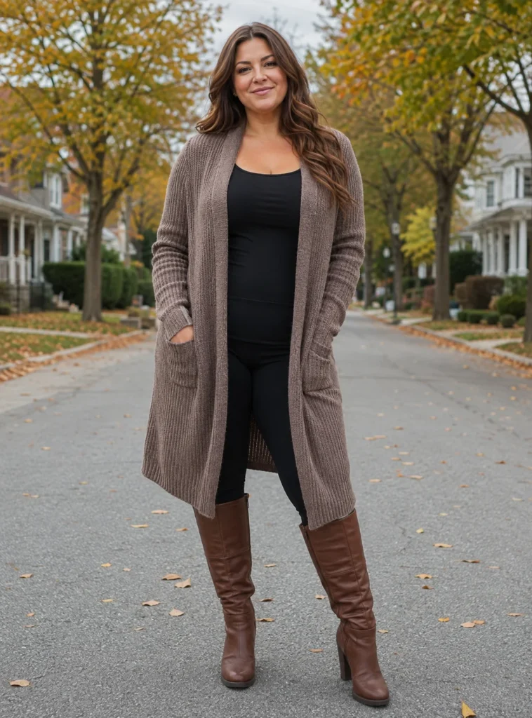 Longline Cardigan Over Leggings and Boots