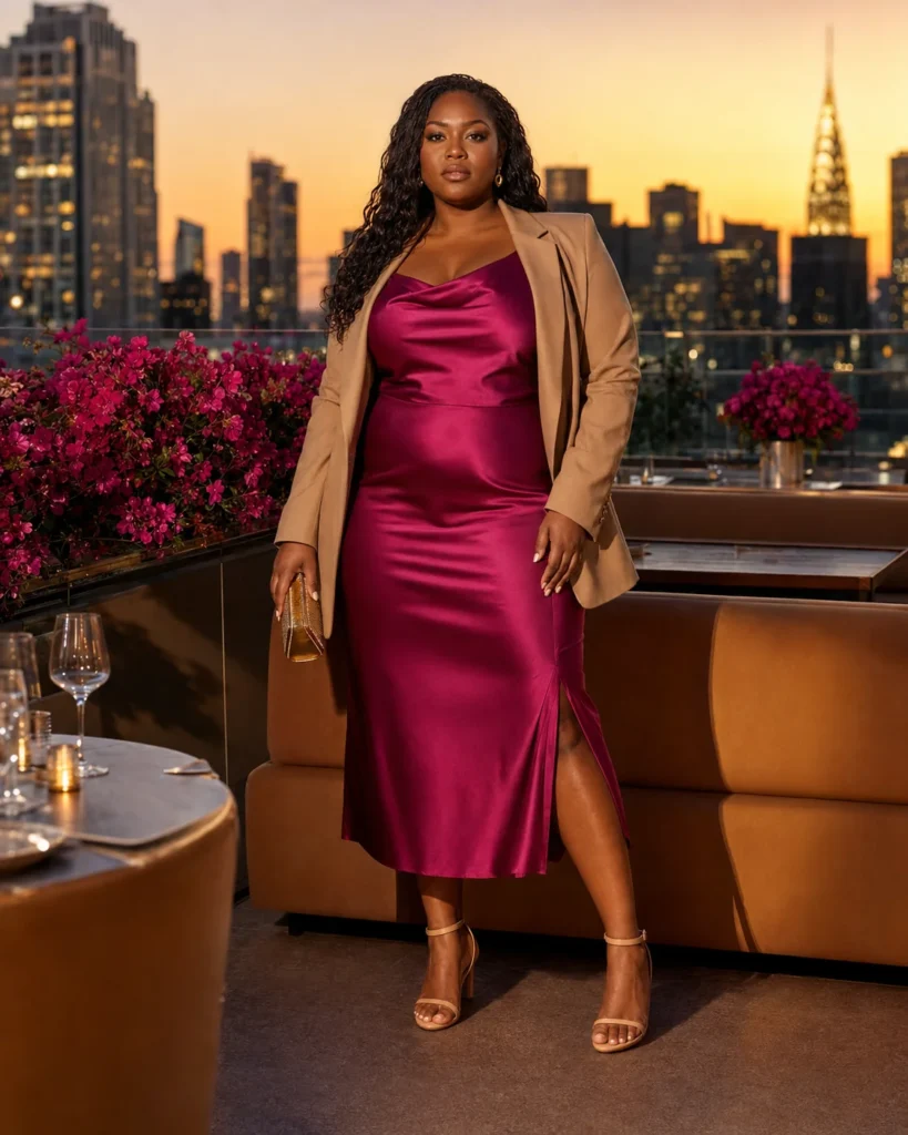 Magenta Slip Dress + Camel Blazer