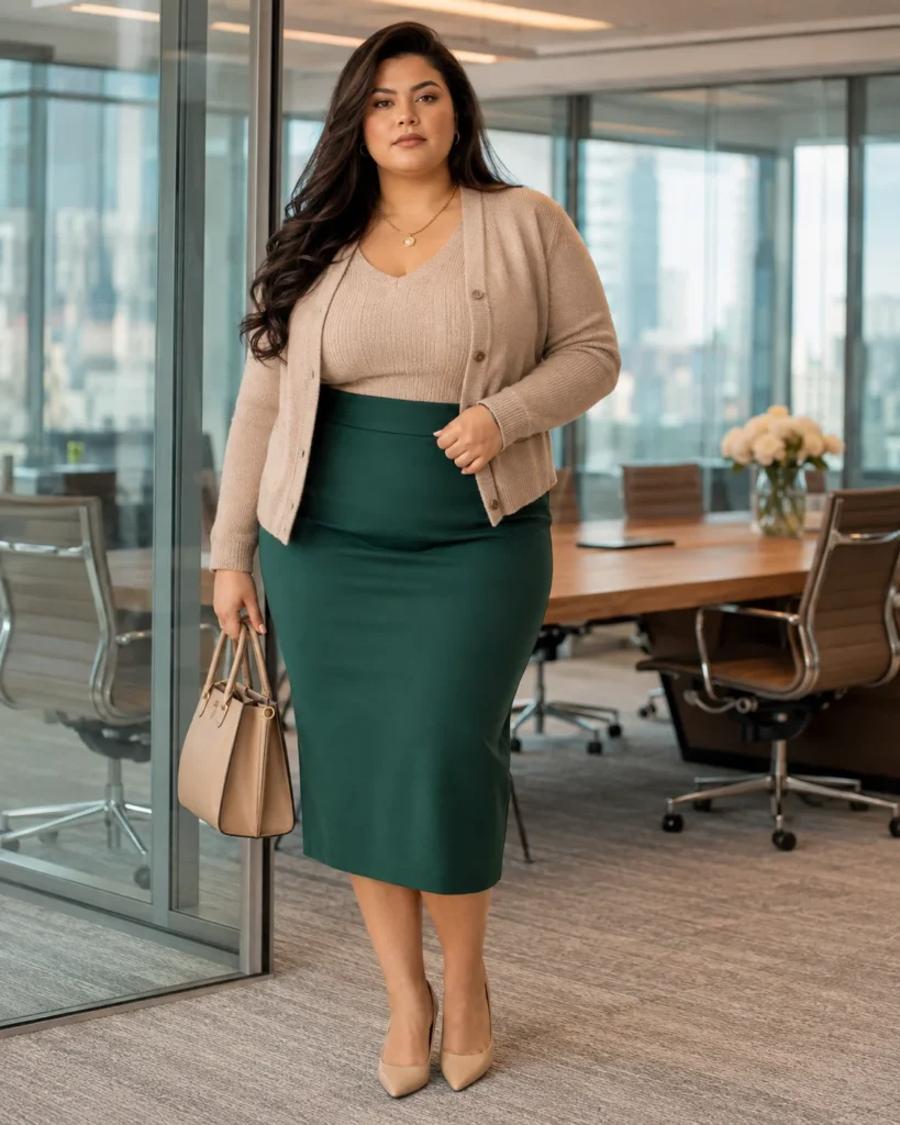 Midi Pencil Skirt, Fitted Knit Top and Cardigan