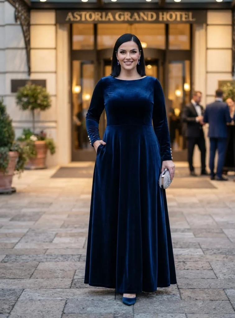 Midnight Blue Velvet Long Sleeve Formal Dress