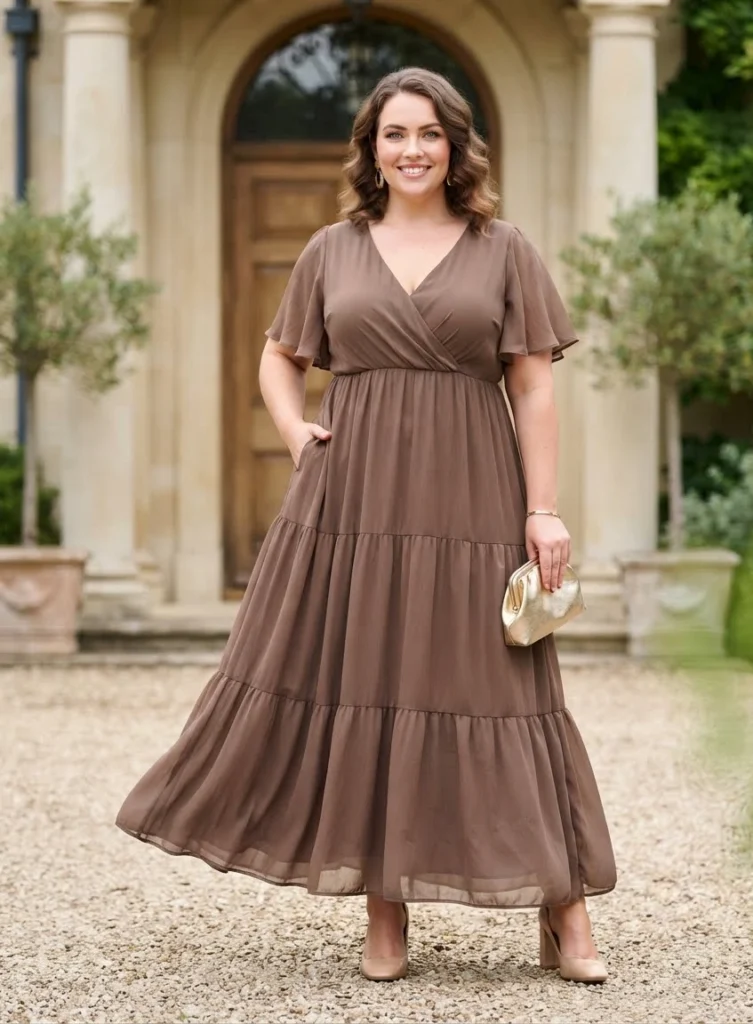 Mocha Brown Chiffon Tiered Maxi Dress