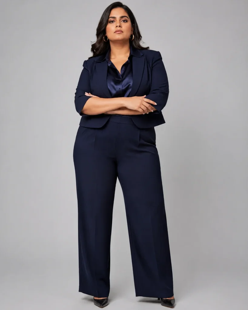Navy Satin Blouse + Cropped Blazer + Wide-Leg