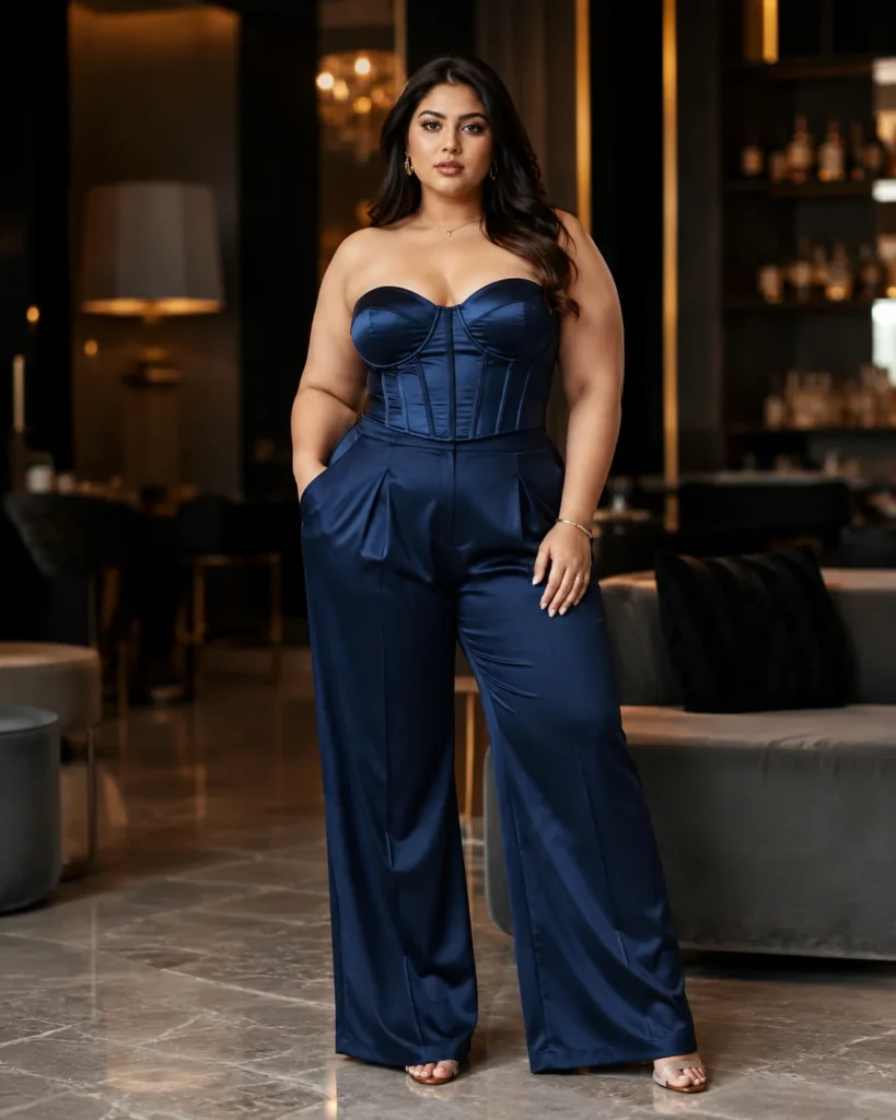 Navy Satin Corset Top with Wide-Leg Trousers