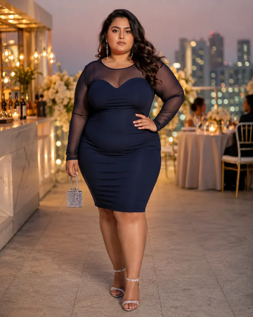 Navy Sheer-Sleeve Bodycon Dress + Rhinestone Mini Bag