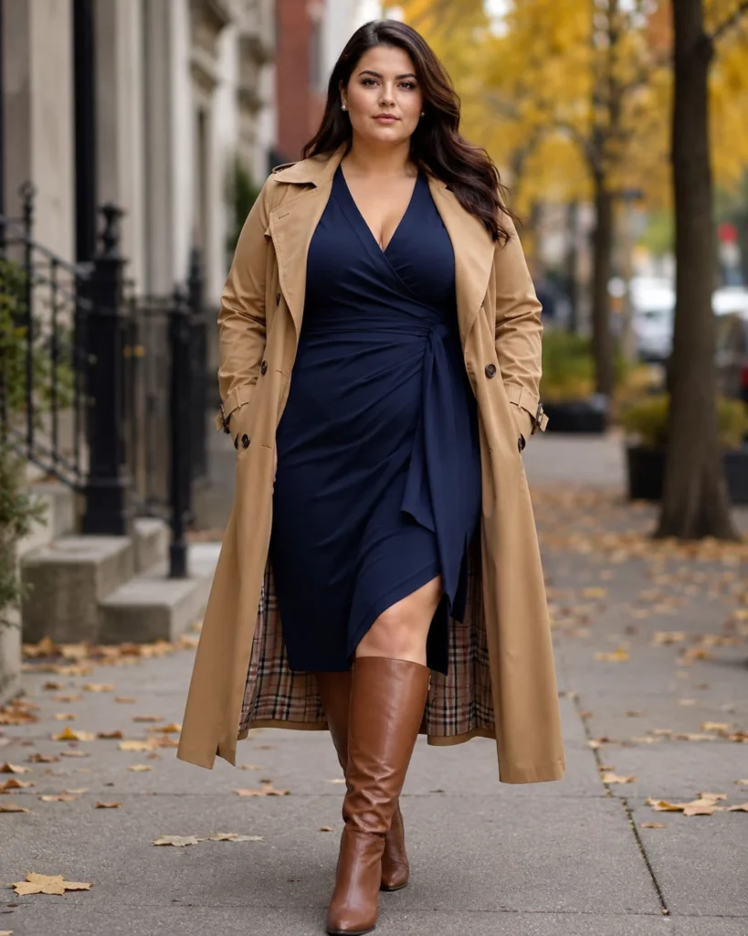 Navy Wrap Dress + Camel Trench Coat