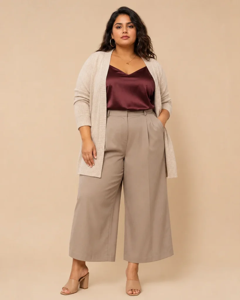 Oatmeal Cardigan + Burgundy Camisole + Taupe Culottes