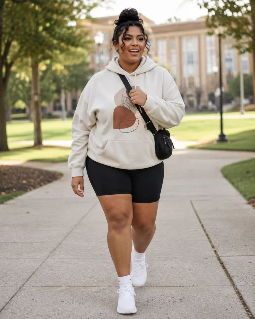 Oversized Graphic Hoodie + Bike Shorts + Sneakers
