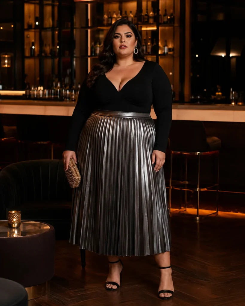 Pewter Metallic Pleated Skirt + Black Bodysuit + Woven Box Clutch