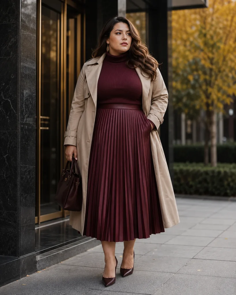 Pleated Midi Skirt, Fitted Sweater and Trench