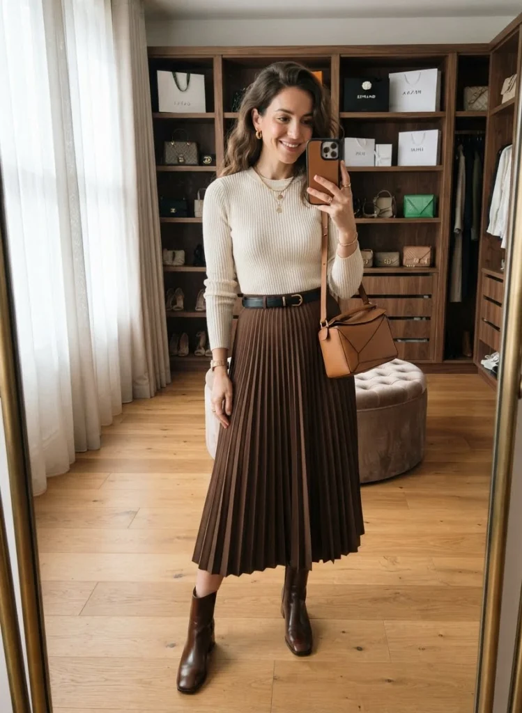 Pleated Midi Skirt with Rib Knit Top