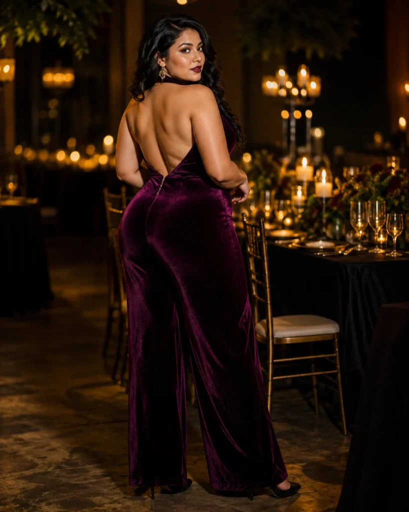 Plum Velvet Halter Jumpsuit with a Deep V-Back