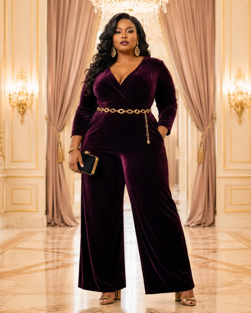 Plum Velvet Jumpsuit + Gold Chain Belt
