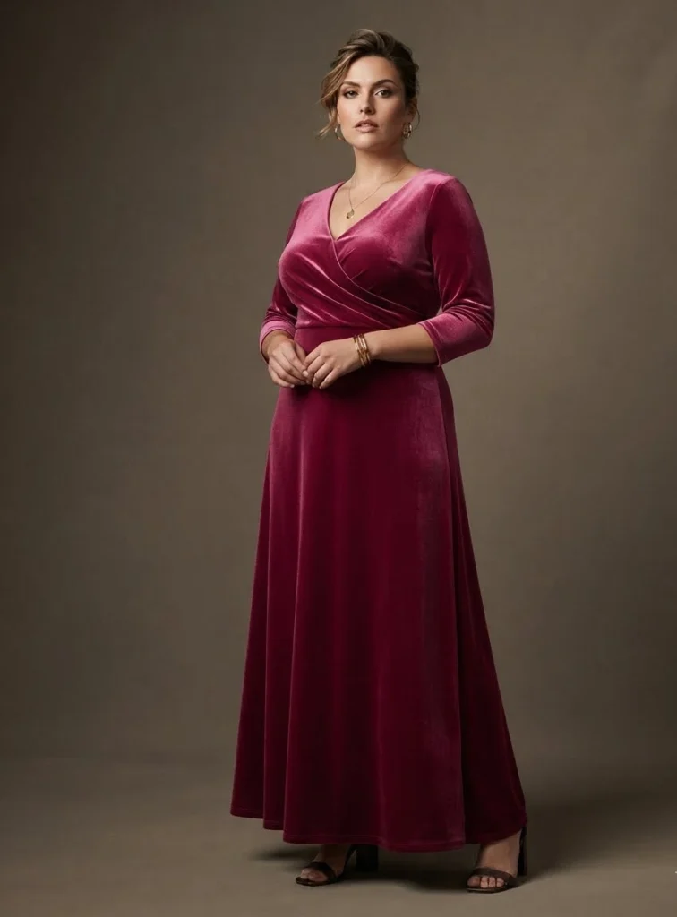 Plus Size Berry Pink Velvet Wedding Guest Dress