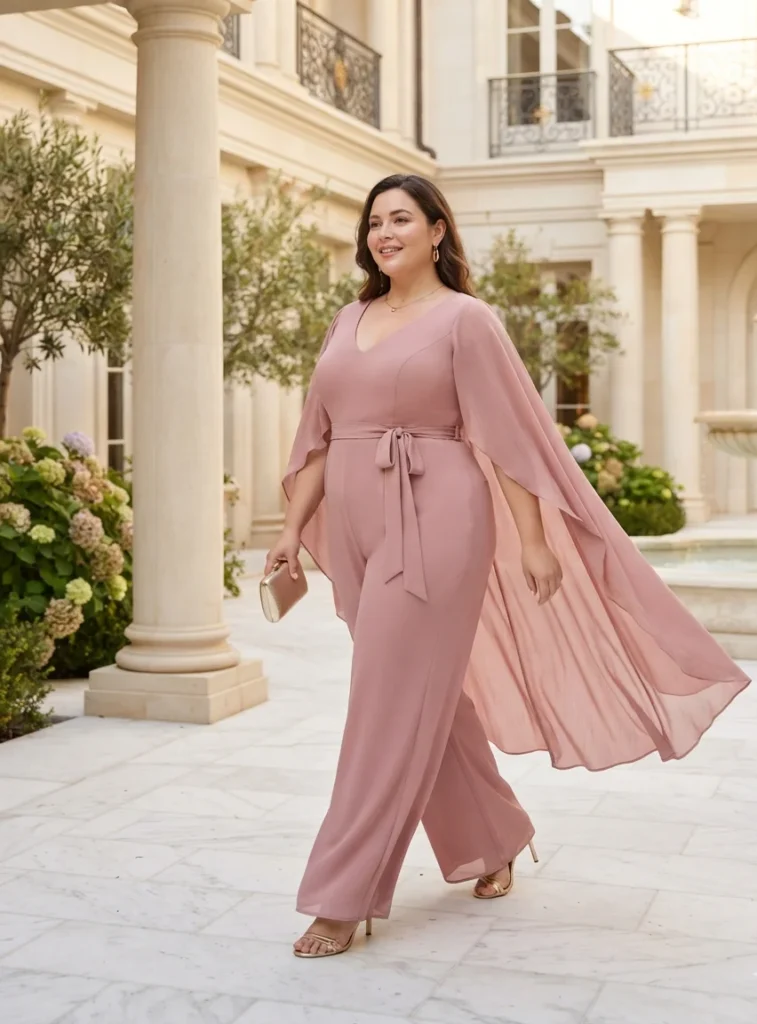 Plus Size Chiffon Cape Sleeve Wedding Guest Jumpsuit