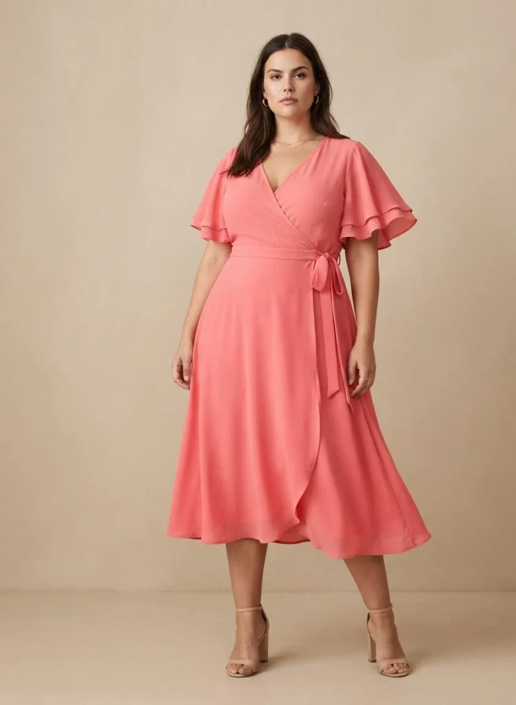 Plus Size Coral Pink Flutter Sleeve Wrap Dress