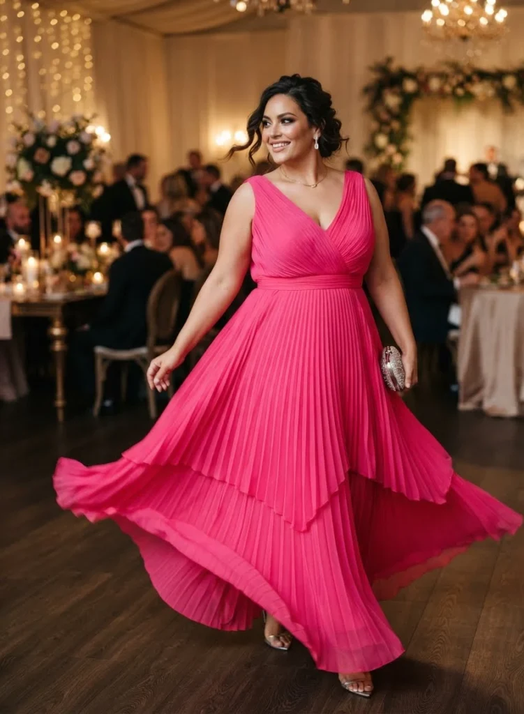 Plus Size Hot Pink Pleated Chiffon Gown