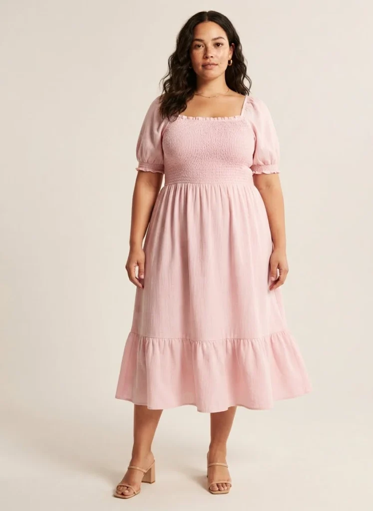 Plus Size Light Pink Smocked Midi Dress