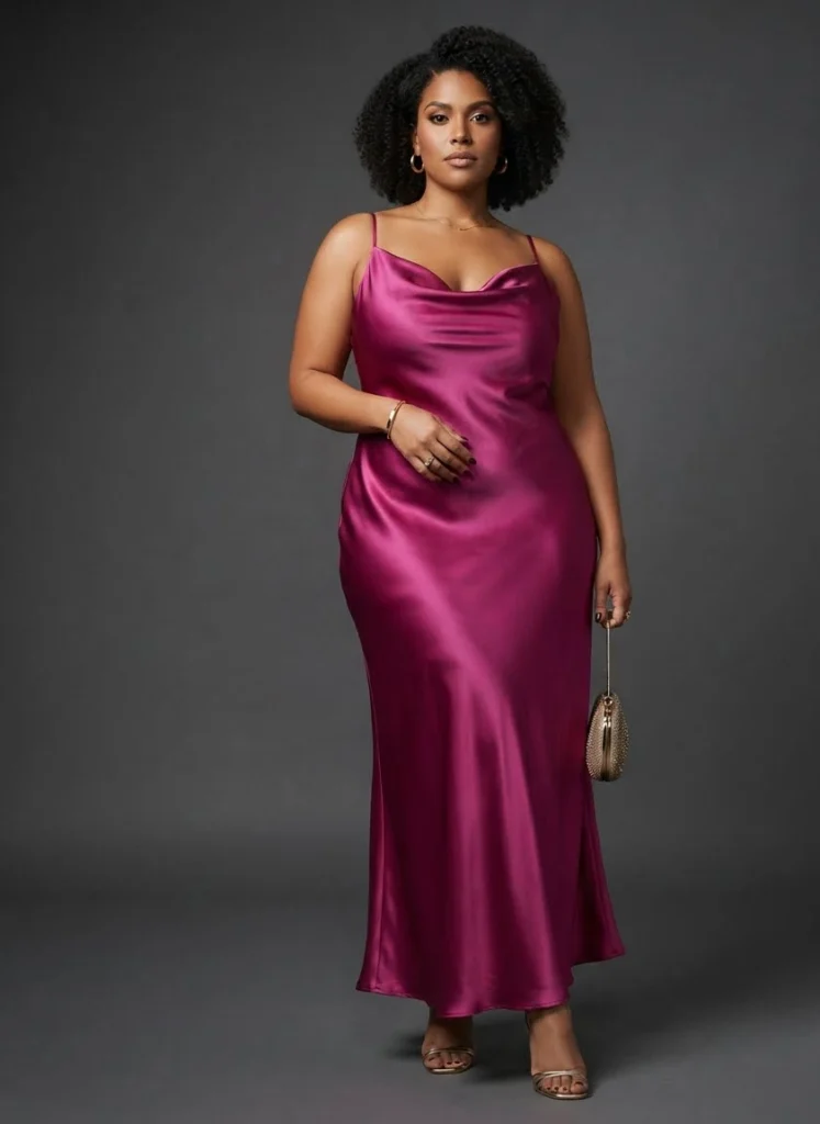Plus Size Magenta Satin Cowl Neck Maxi Dress