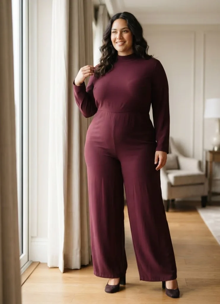 Plus Size Mock Neck Long Sleeve Wedding Guest Jumpsuit
