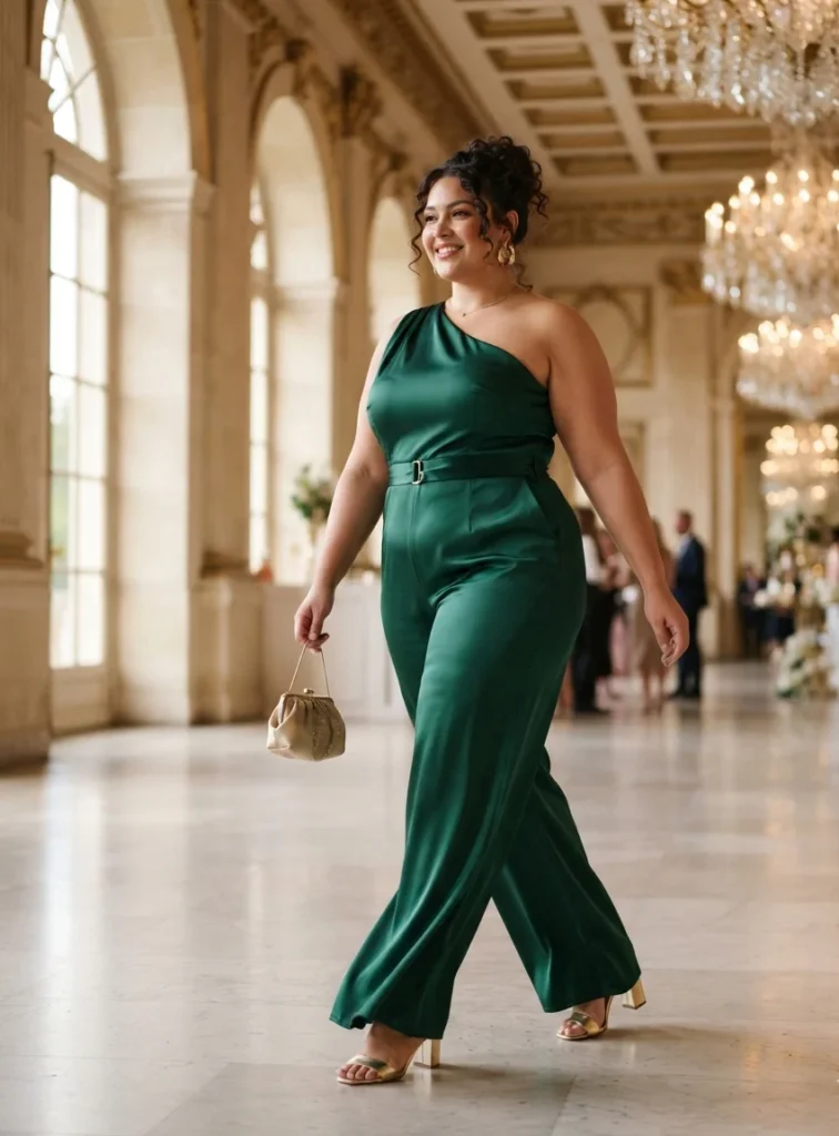 Plus Size One-Shoulder Belted Evening Wedding Guest Jumpsuit