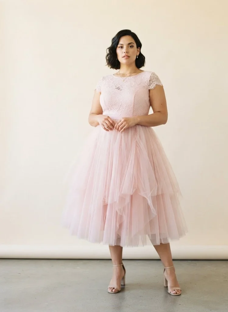 Plus Size Pink Tulle A-Line Tea-Length Dress
