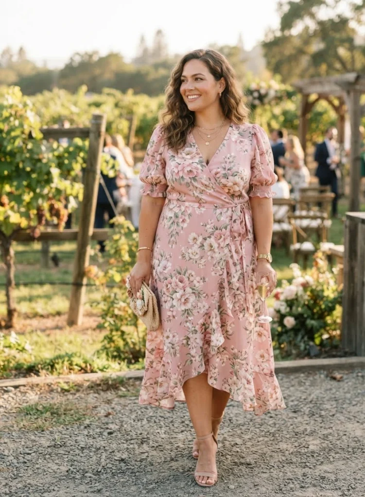 Plus Size Rose Pink Floral Wrap Dress