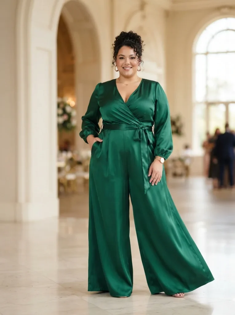 Plus Size Satin Wrap Wide-Leg Wedding Guest Jumpsuit