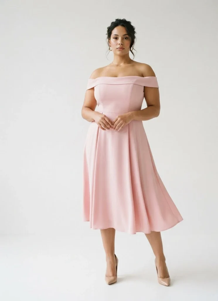 Plus Size Soft Pink Off-Shoulder Midi Dress