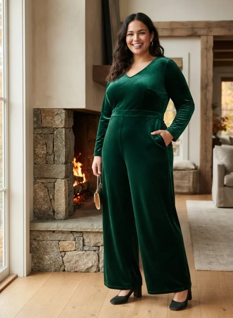 Plus Size Velvet Wide-Leg Fall Wedding Guest Jumpsuit