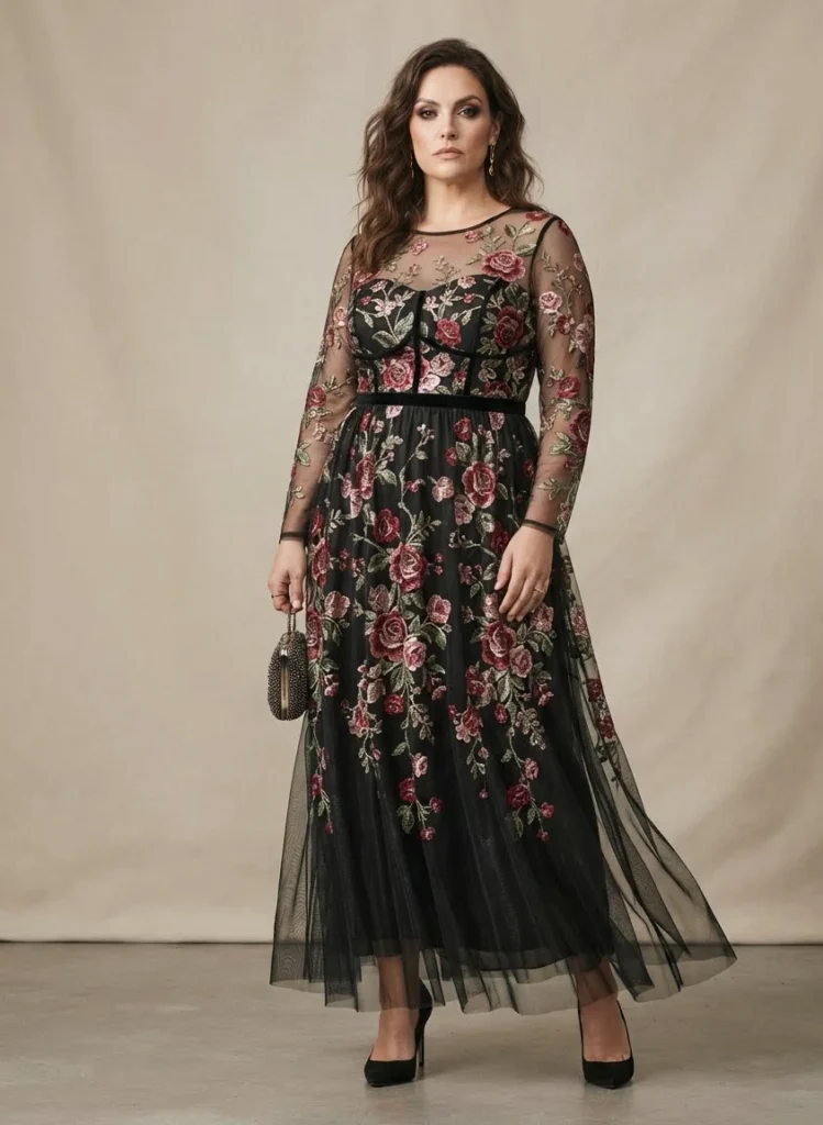 Plus Size Vintage Rose Embroidered Mesh Dress