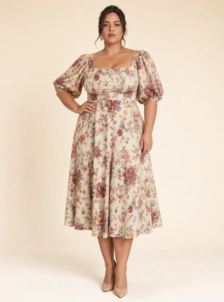 Puff Sleeve Floral Midi Dress