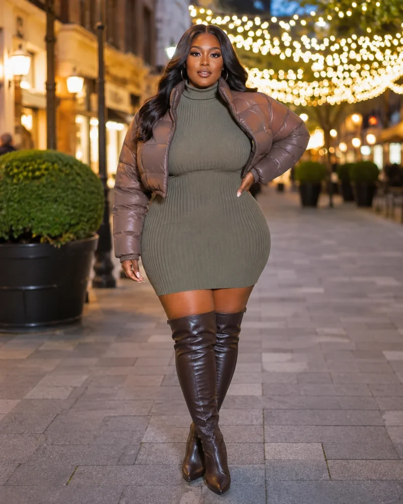 Puffer Jacket, Sweater Dress and Thigh-High Boots
