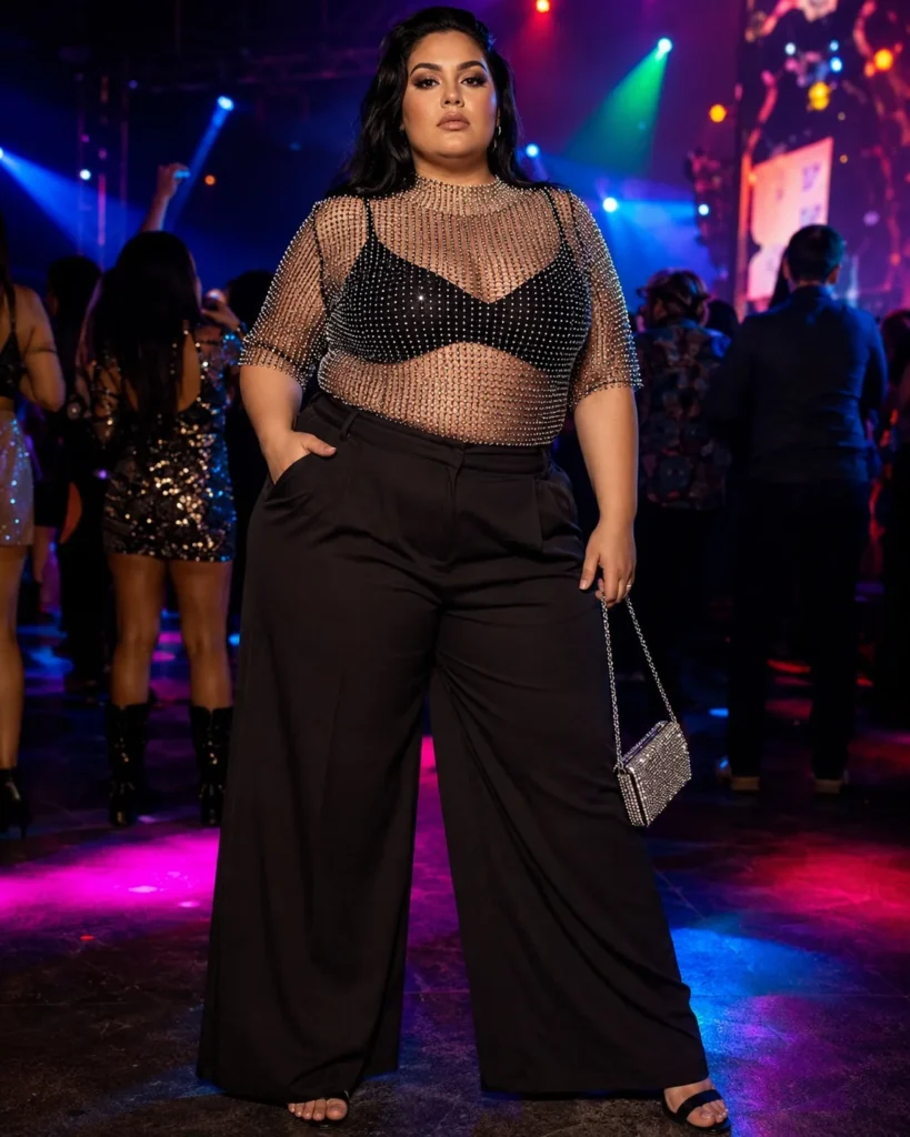 Rhinestone Mesh Top + Wide-Leg Trousers