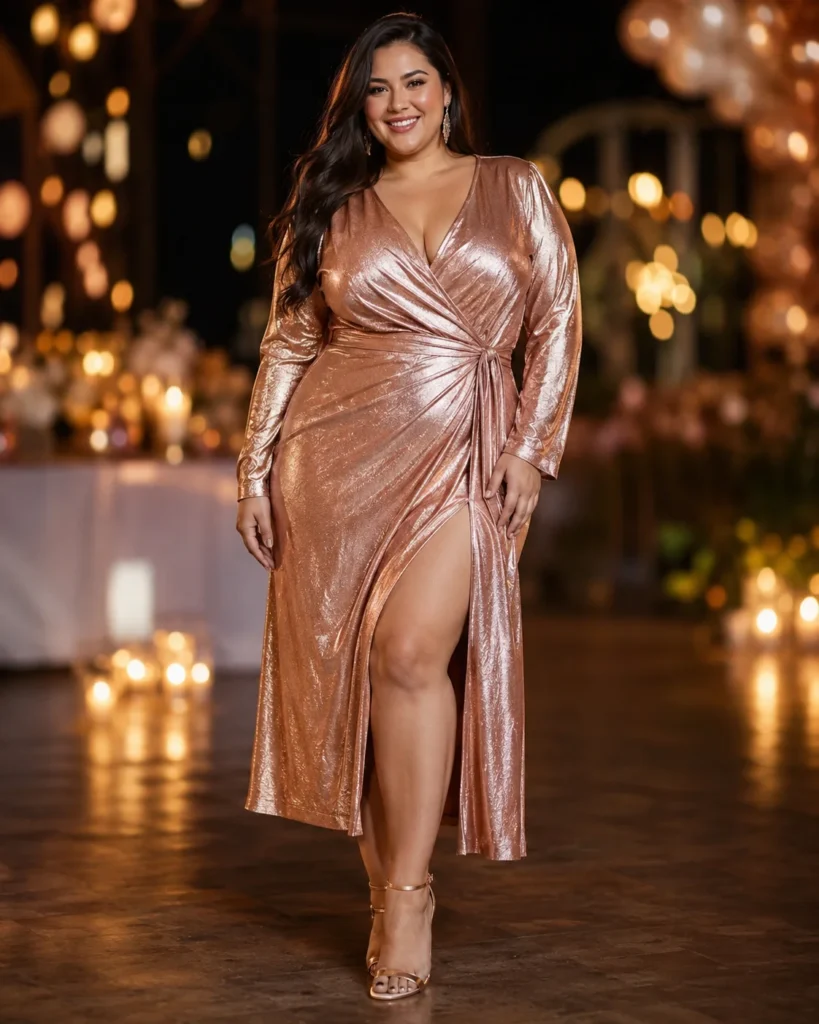Rose Gold Metallic Wrap Dress with a Thigh-High Slit