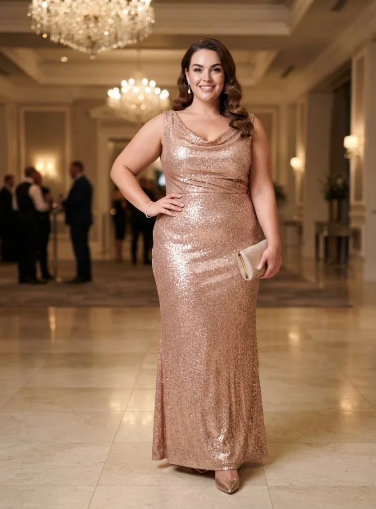 Rose Gold Sequin Column Evening Gown