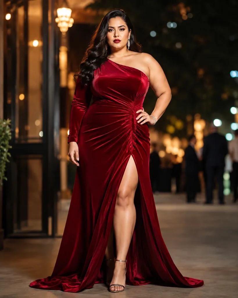 Ruby Red One-Shoulder Gown with a High Slit