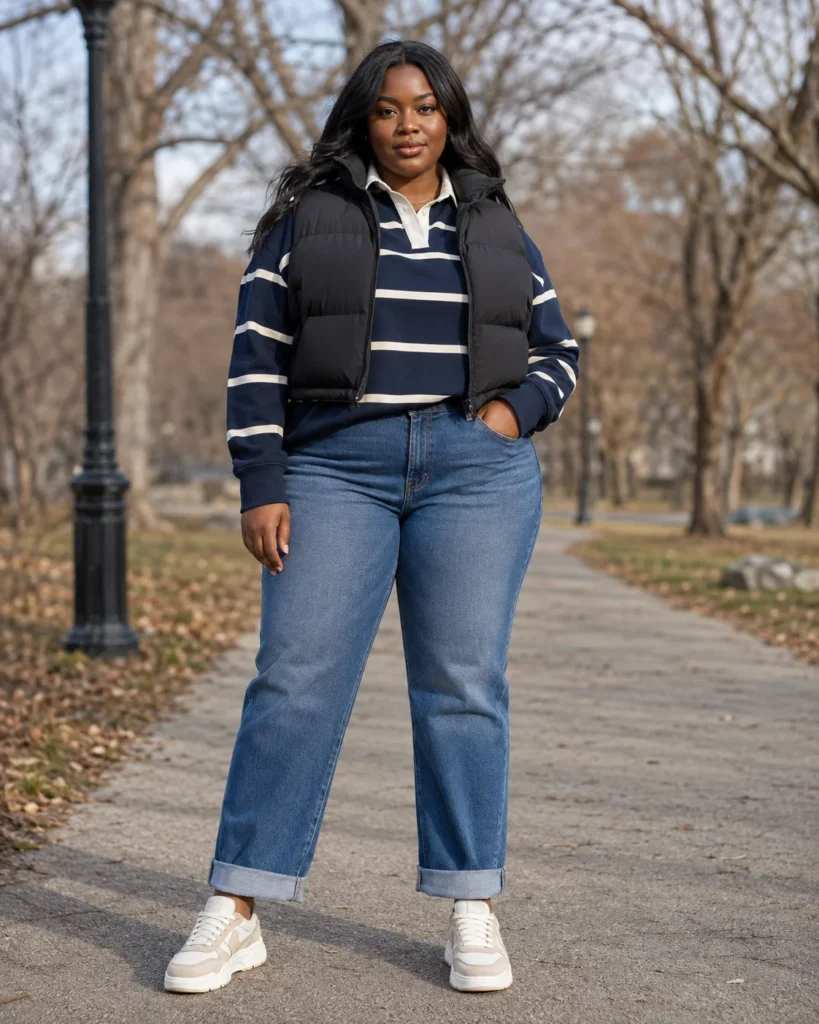 Rugby Shirt, Cuffed Denim and Puffer Vest