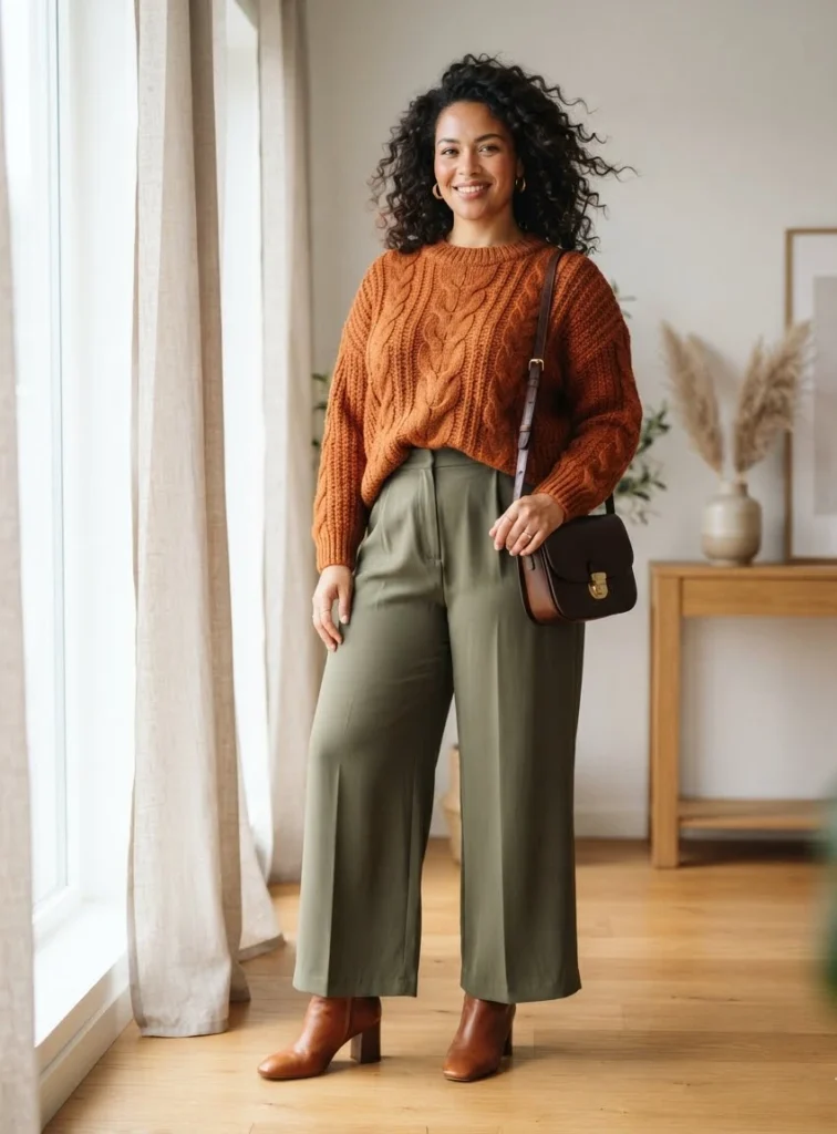 Rust Cable-Knit Sweater with Olive Wide-Leg Trousers