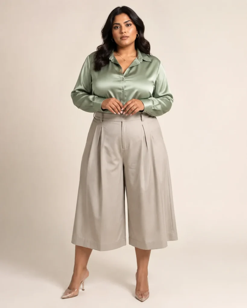 Sage Satin Blouse + High-Waisted Culottes