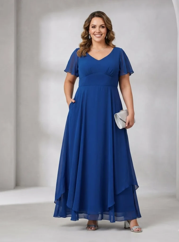Sapphire Blue Chiffon Empire Waist Maxi Dress