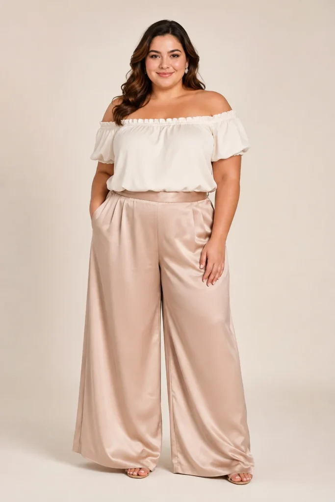 Satin Palazzo Pants With an Off-Shoulder Top