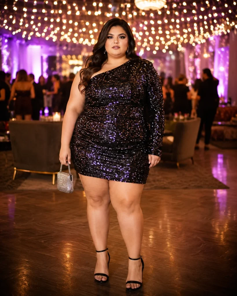 Sequin One-Shoulder Mini Dress + Silver Mini Purse