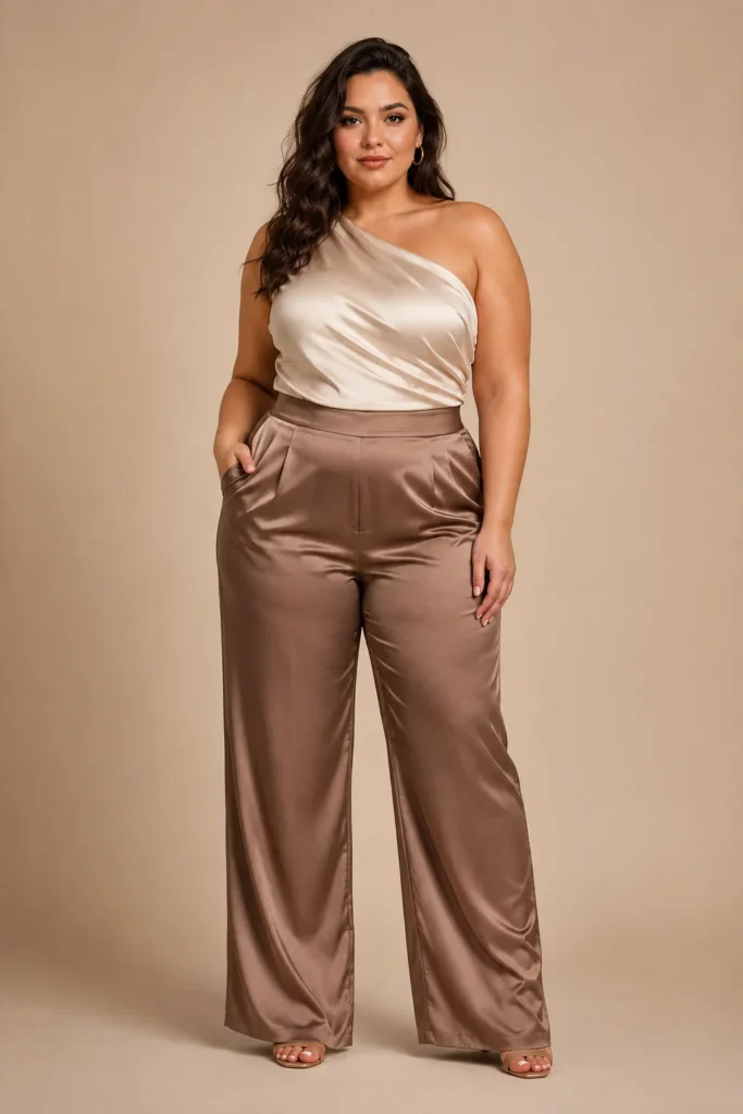 Silky Trousers With a One-Shoulder Top