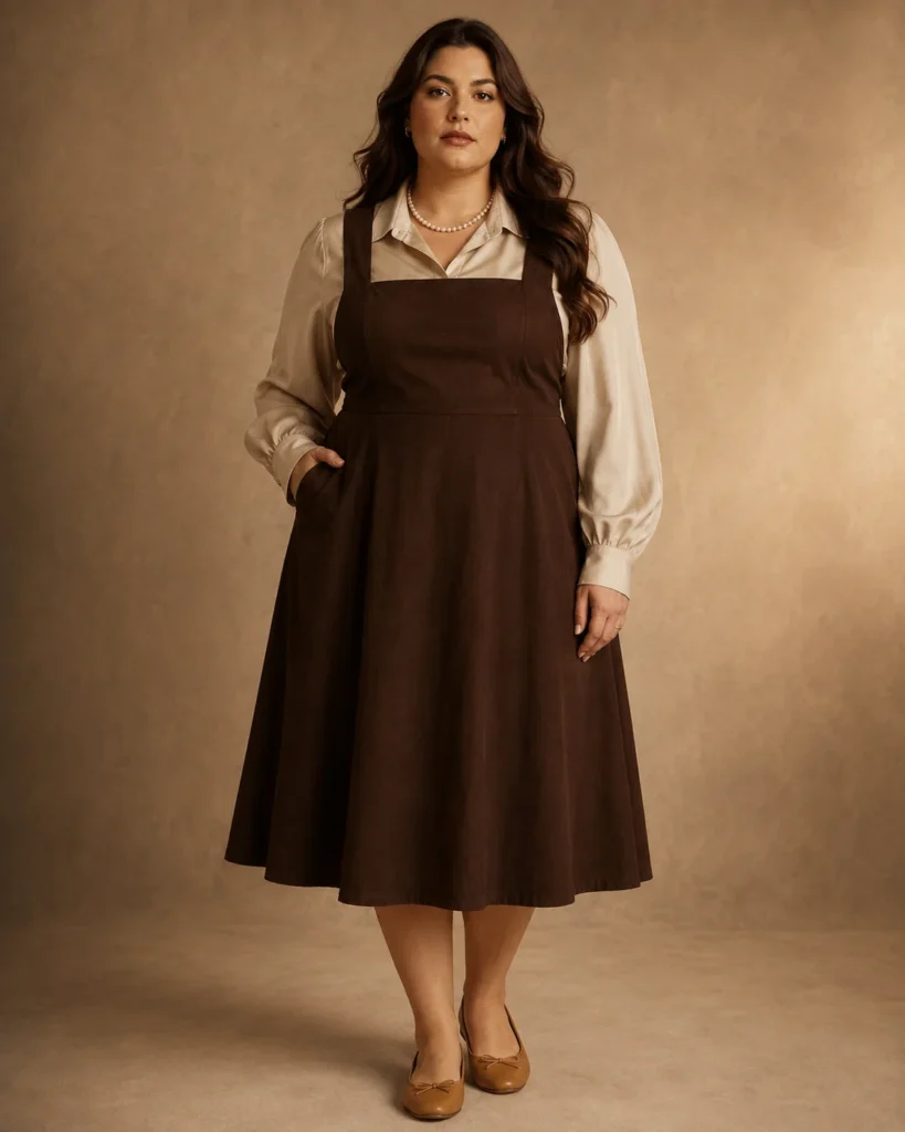 Stone Blouse + Chocolate Pinafore Dress